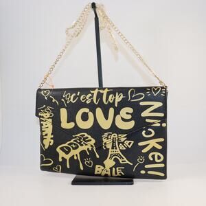 Black Gold Graphic Chain Strap Clutch Shoulder Bag